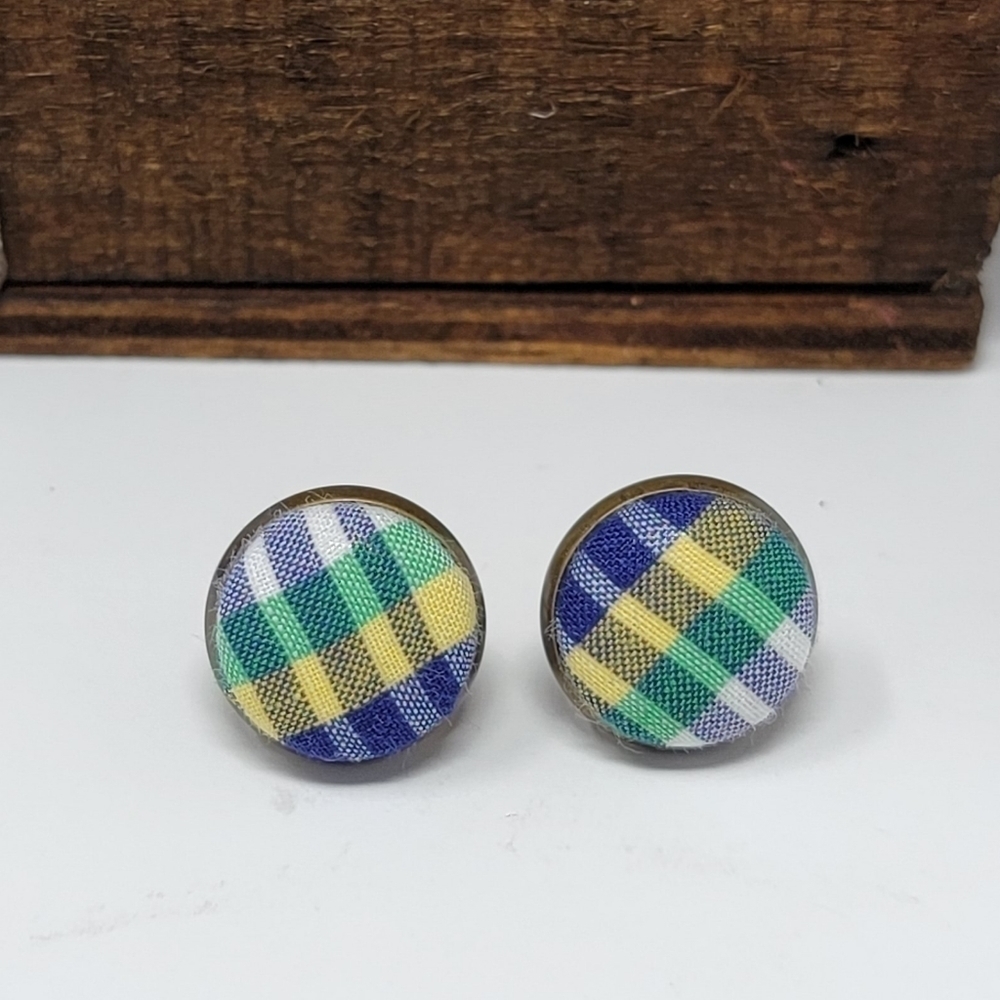 New Handmade | Upcycled Plaid Button Stud Earrings.